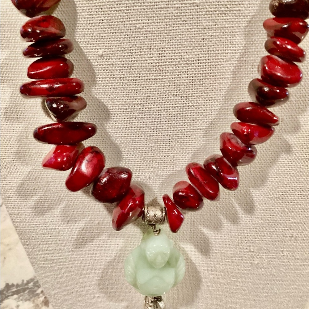 Red Carnelian Necklace with Carved Green Buddha